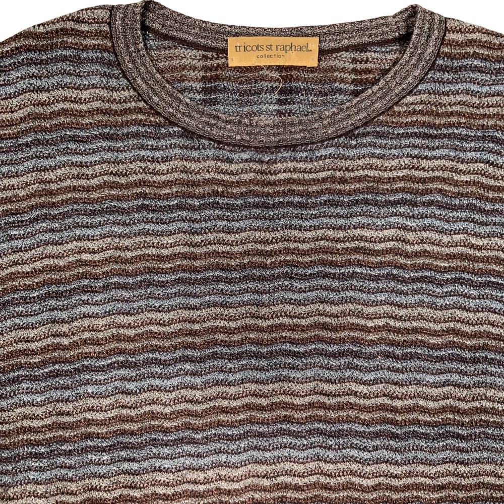 Tricots St Raphael‎ Sweater Mens Large Brown GrayWavy Stripe Textured Knit Crew